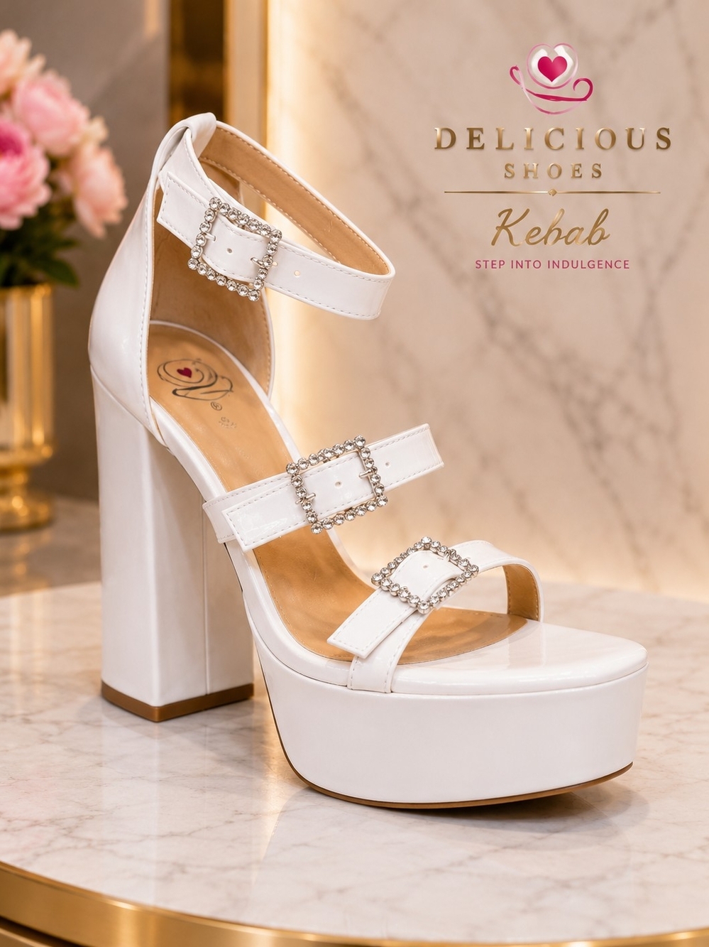 Delicious Shoes “Kebab” White Patent Rhinestone Platform Heels – NIB